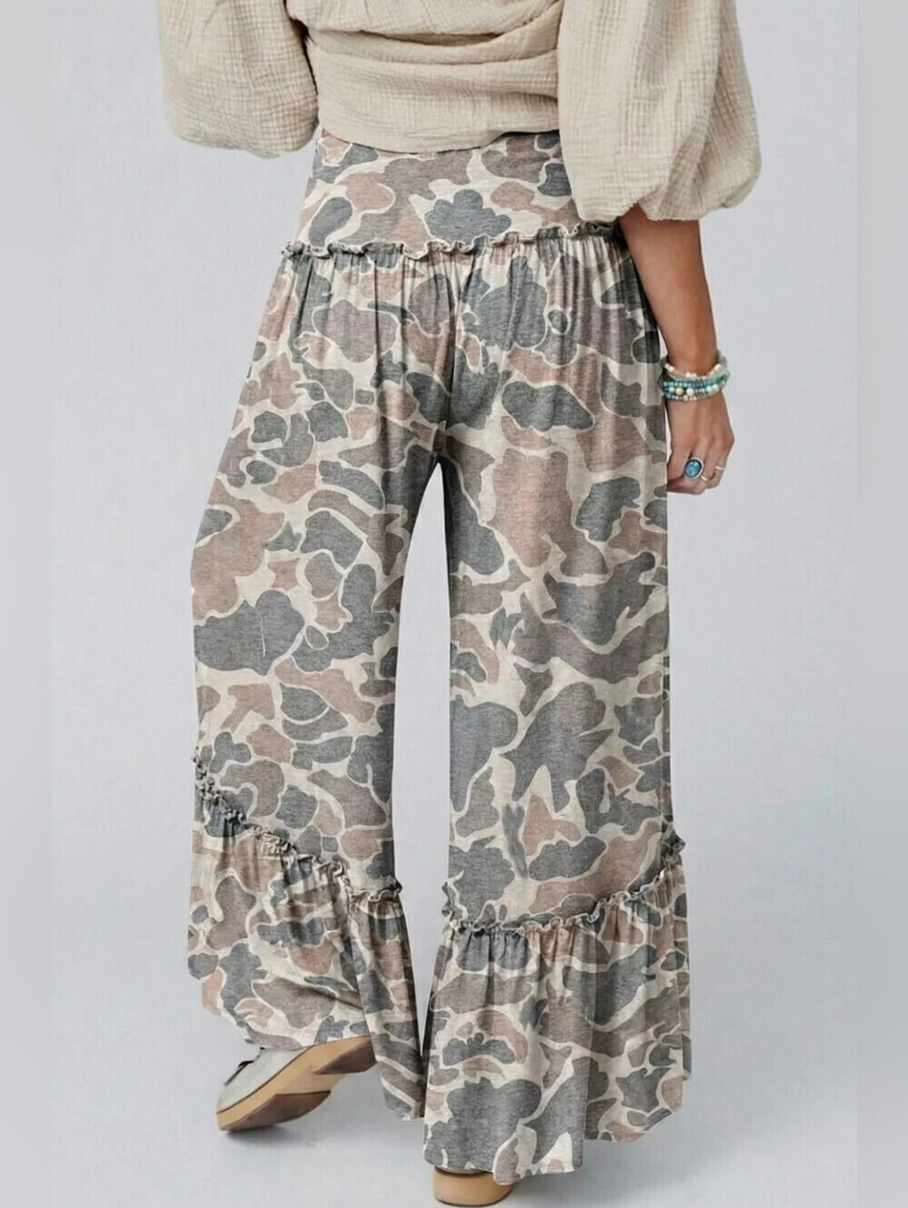 SYNZ Wide Leg Ruffle Hem Pants in Beige & Gray Camo Multiple Sizes - Picture 2 of 6